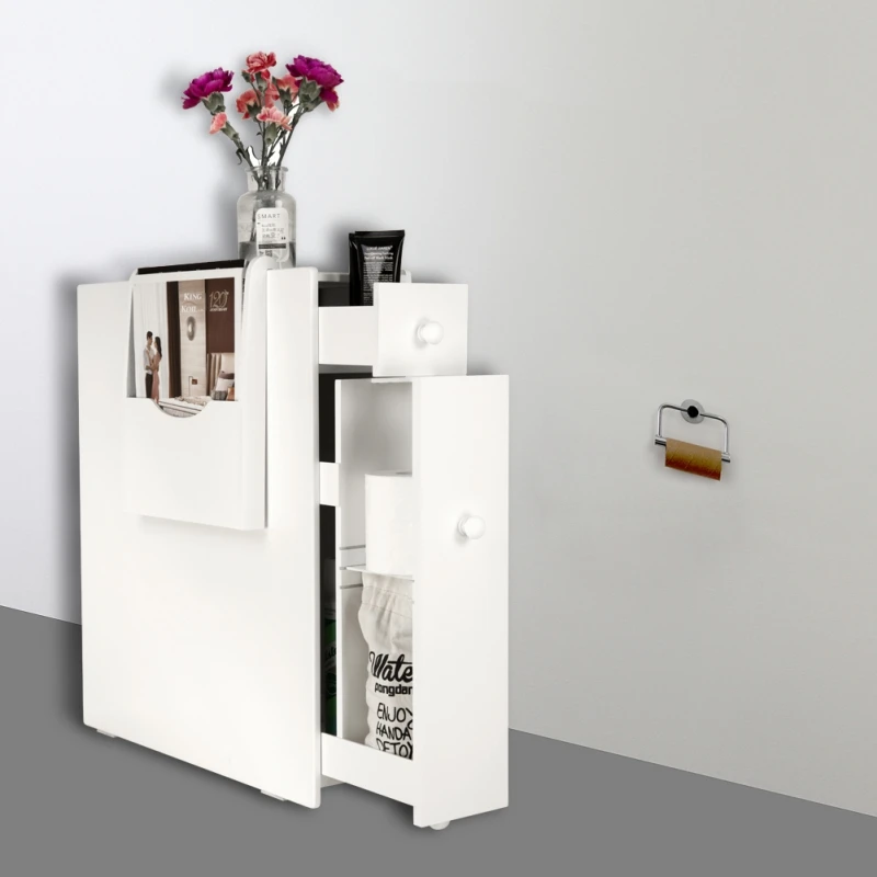 White Bathroom Floor Cabinet Storage with Drawer and Magazine Holder