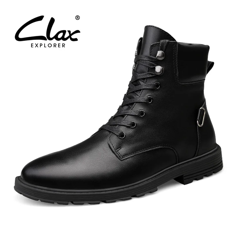 

CLAX Men Motorcycle Boots Genuine Leather Autumn High Boot Male Casual Leather Shoe Winter Boot Fur Warm Snow Shoe