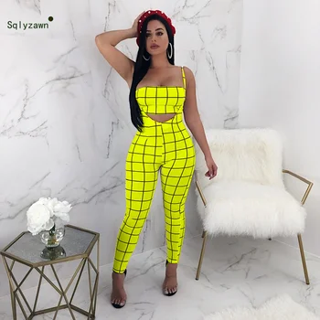 

2019 Women Sexy Plaid Printed Two Piece Pants Set Tube Crop Top + Zipper Long Overall Streetwear Night Club Bodycon Outfits