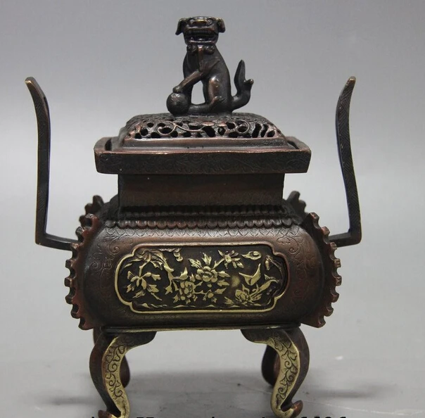 

USPS to USA S1063 7 China Palace Royal Bronze Copper Peony Fu Foo Dog Lion Incense Burner Censer