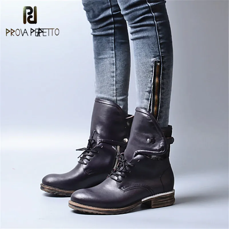 

Prova Perfetto Gladiator Antique Neutral Cool Girl Motorcycle Boots Retro Round Toe Zipper Side Full Grain Leather Knight Boots