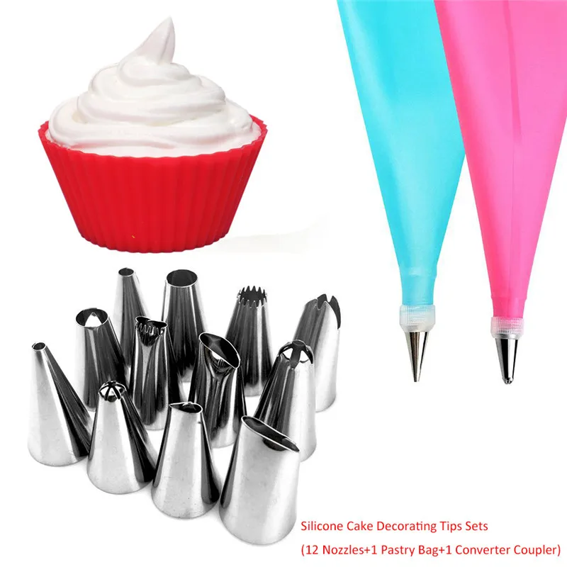 

14Pcs Cake Decorating Supplies Kit with 12 Pastry Nozzles+1 Silicone Pastry Bags+1 Reusable Plastic Couplers Baking Supplies