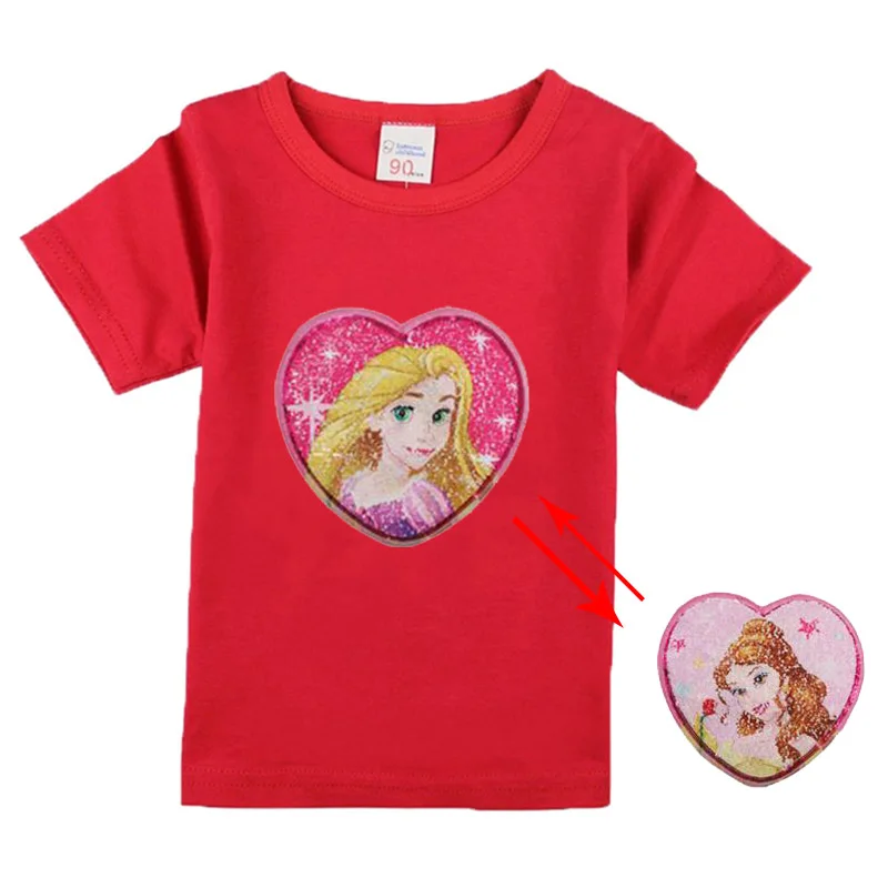 Модная розовая футболка принцессы с длинными волосами и пайетками Принцесса Рапунцель для девочек, От 3 до 10 лет, белая футболка детская одежда