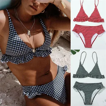 

2019 Summer Women Bikini Set Black Red Plaid Bathing Suits Women Swimwear Ruffles Push Up Triangle Swimsuits Beachwear Monokini