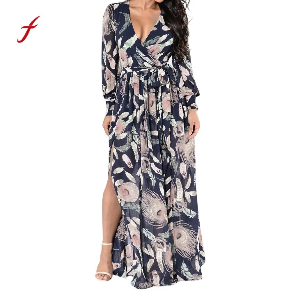 

women Dress 2019 new arrival V-Neck Long-Sleeved Printed Long Double Slit Sexy Large Size Dress Slim soft touch dresses summer