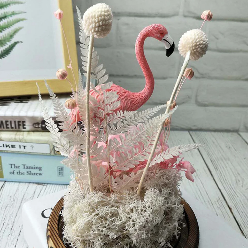 Flamingo and Flowers with LED Light In Glass Dome for Home Decoration