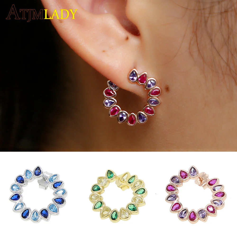 

cute Red green delicate 100% 925 silver Stud Earrings Inlay Water Drop Round CZ Zircon Earrings For Women Fashion Jewelry Gift