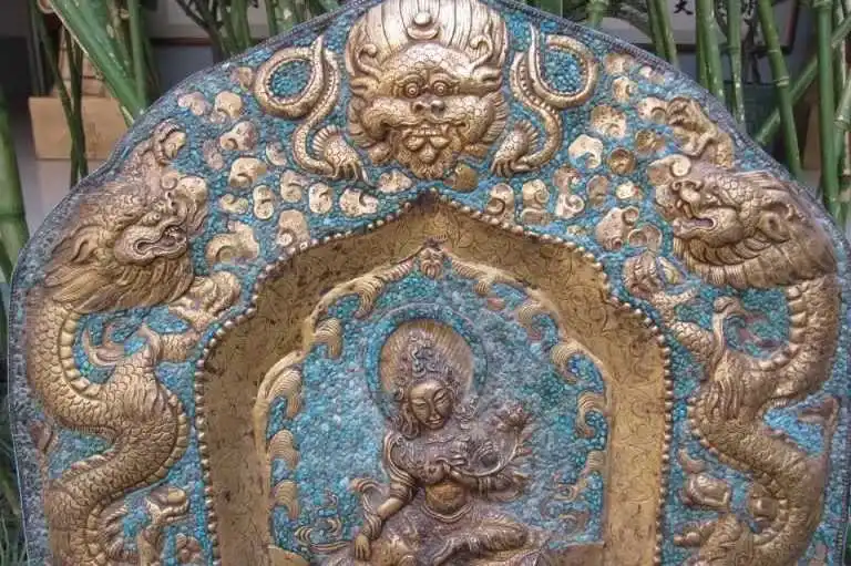 

Tibetan Copper Bronze inlay Turquoise 24K Gold Two Dragon & Elephant TaRa TangKa