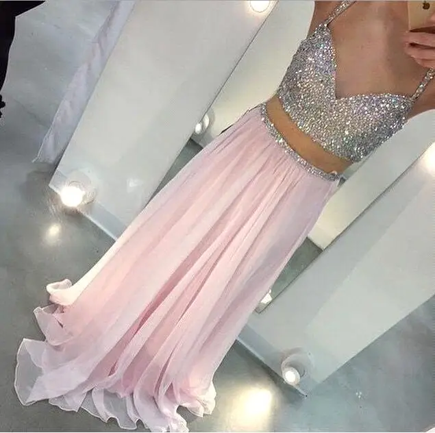 

Sexy Crystal Beaded Two Piece Prom gown Spaghetti Straps A-line Chiffon vestidos robe de soiree Long bridesmaid dresses