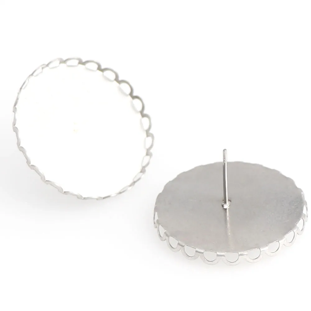 

10 Pc/lot Round Lace 20mm 25mm Stud Earring Stainless Steel Blank/Base Cabochon Cameo Base For Women DIY Jewelry Making