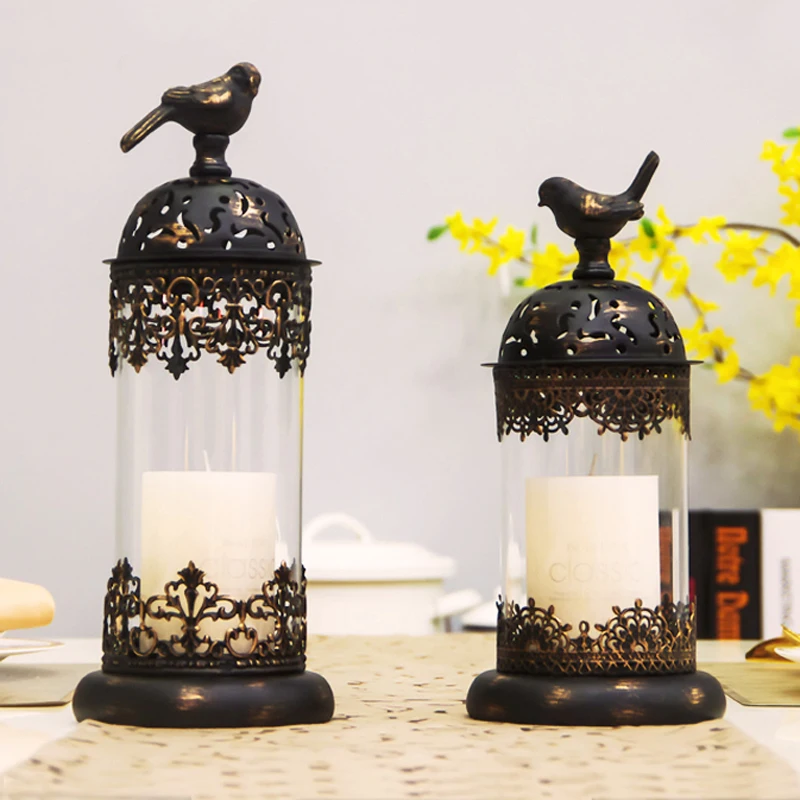 European Morocco Accents Black Gold Iron Glass Candle Lantern Set with Bird Lid Cover European Morocco Accents Black Gold Iron Glass Candle Lantern Set with Bird Lid Cover