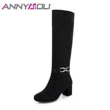 

ANNYMOLI Metal Block Heels Winter Boots Shoes Women Autumn High Heels Knee High Boots New Ladies Tall Shoes Blue Big Size 3-10.5