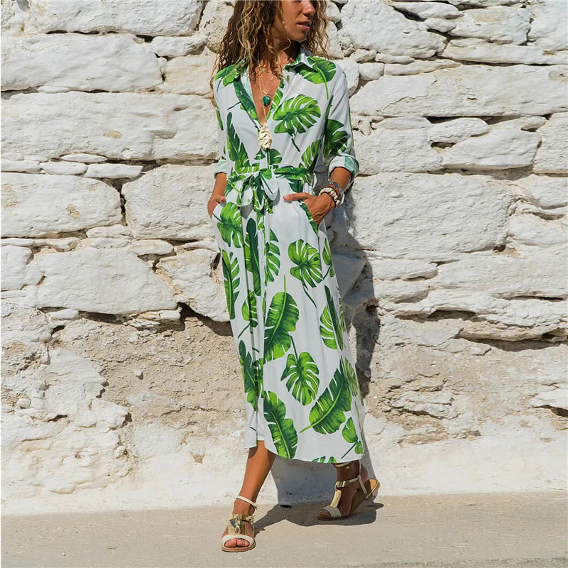 Autumn Women Casual Sashes Printed Party Dress Ladies Long Sleeve Button Elegant Maxi Dress 2019 Office Shirt Dress Plus Size