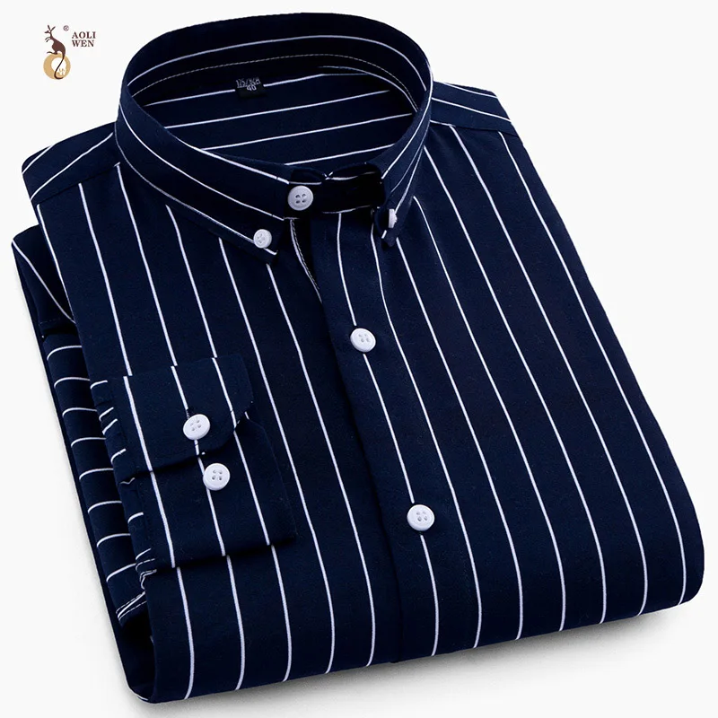 Aoliwen Мужская рубашка с длинными рукавами и принтом клетчатая полосатая модная повседневная рубашка Мужская Уличная стильная Полиэстеровая Удобная рубашка - Цвет: ZM-8112