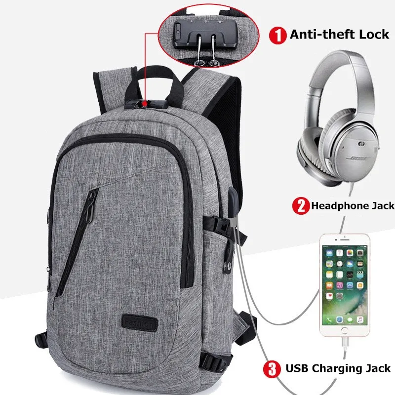 Men Bag Anti theft Backpack Coded Lock USB Charging Earphone Interface