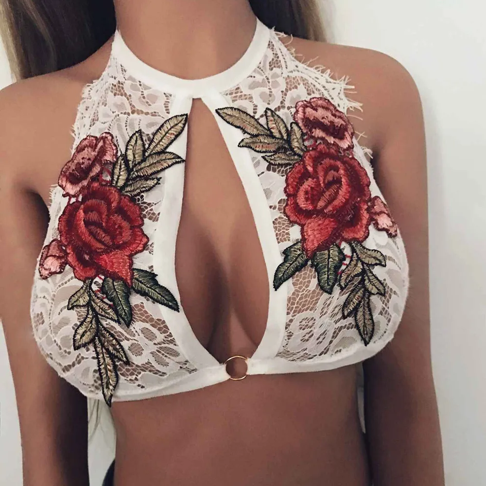 Halter Bralette Для женщин летние топы Sexy кружева вышитые цветочные аппликации Bralette полная чаша Топ Colete Feminino Горячая#5