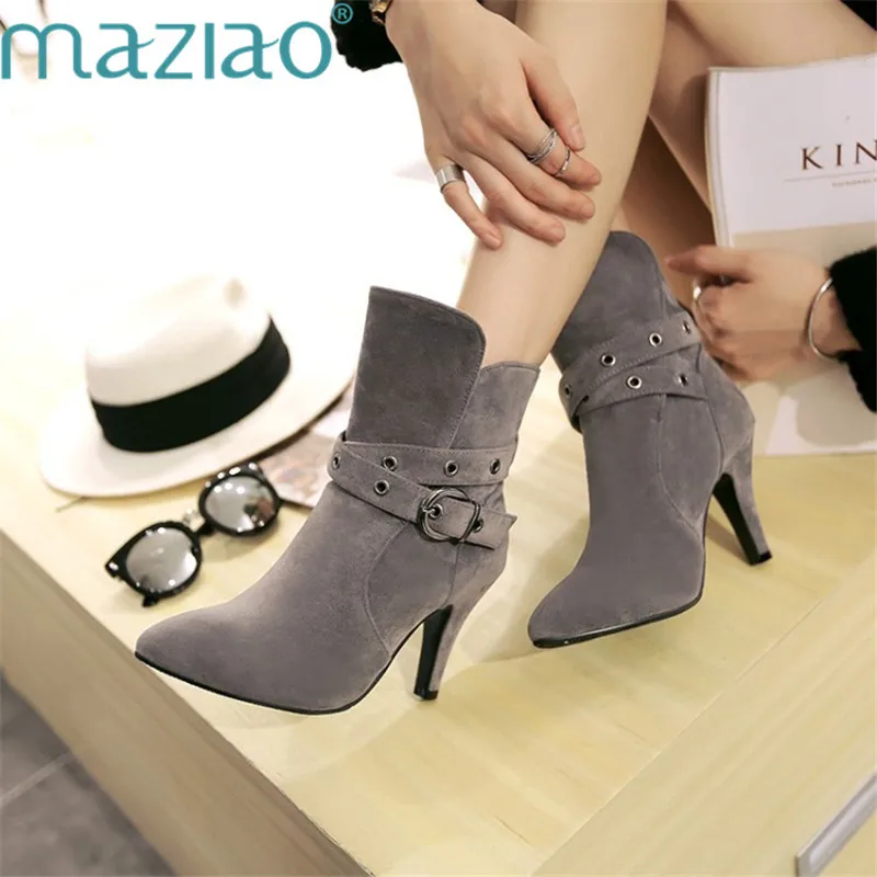 

New Arrivals Fashion Women Buckle Ankle Boots Casual Faux Suede Pointed Toe Thin High Heels Party Shoes MAZIAO