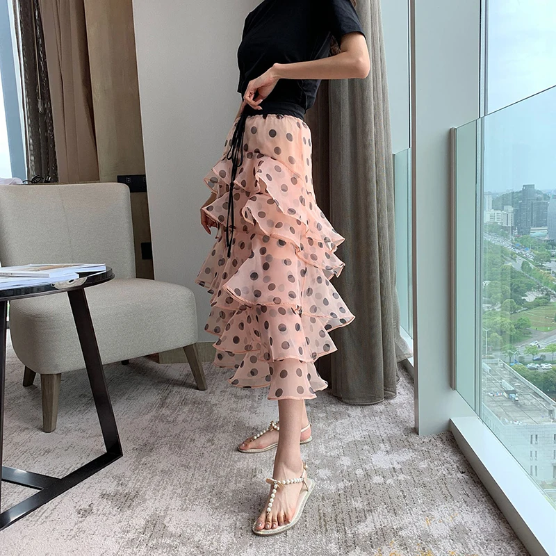 TWOTWINSTYLE Casual Polka Dot Skirt For Women High Waist Bandage Ruffles Slim Chiffon Skirts Female Fashion Summer New