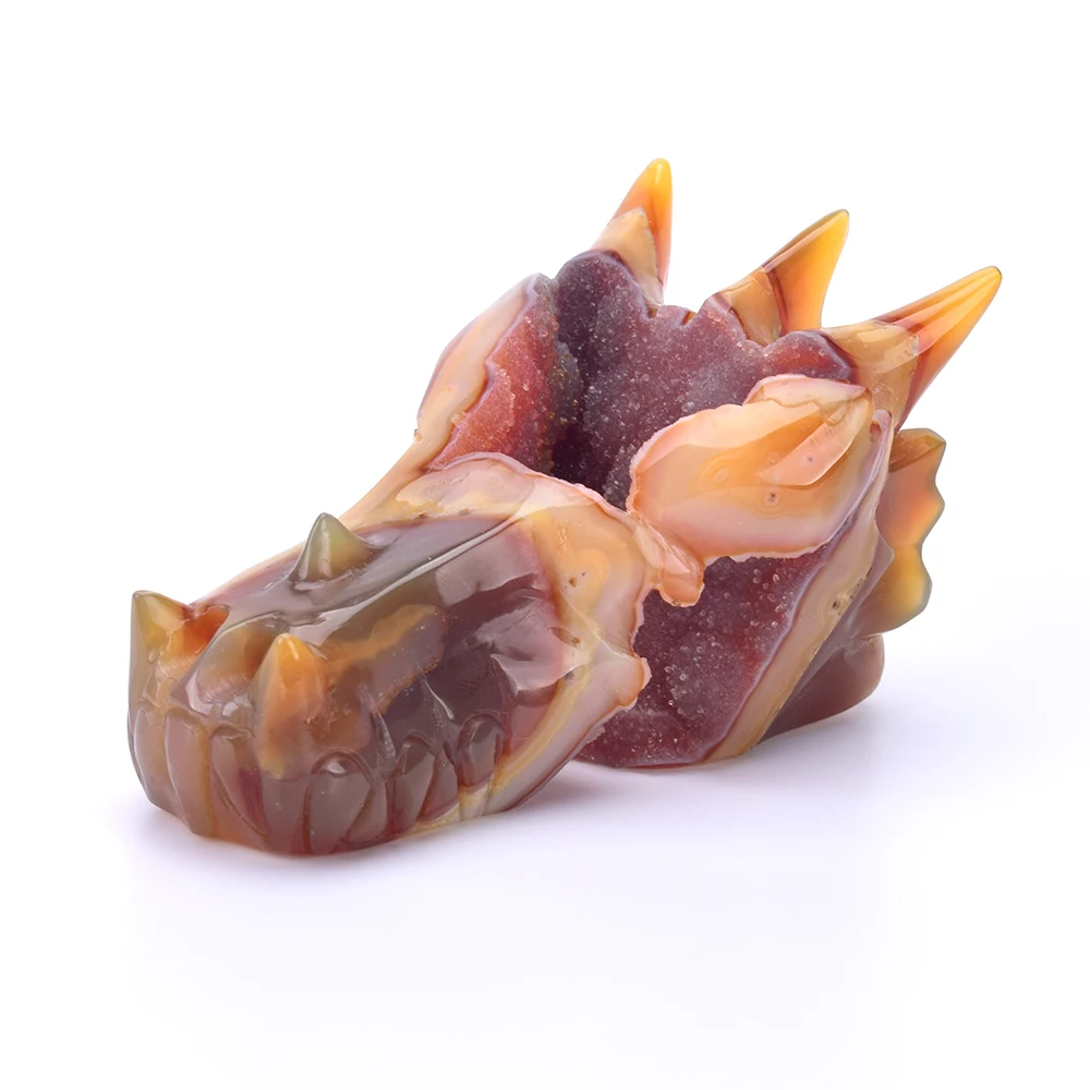 

4'' Natural Geode Agate Carved Gemstone Crystal Dragon Skull Statue Realistic Crystal Healing Dragon Skull for Home Decor
