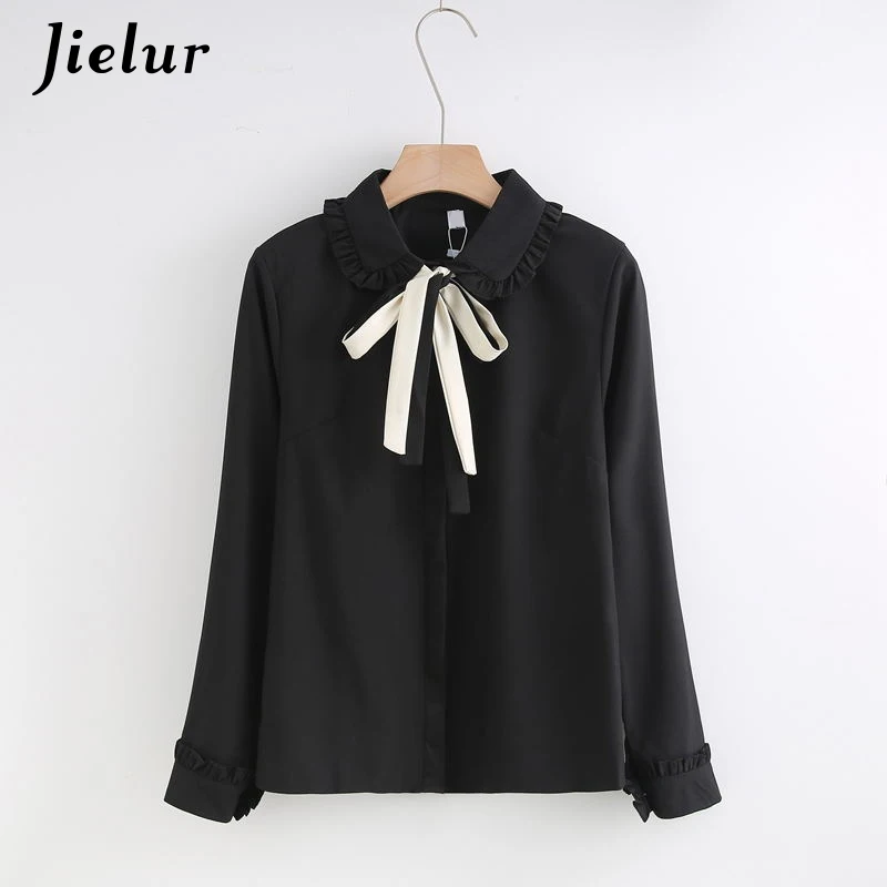 Jielur Kpop Style Women's Shirt Lace-up Solid Color Work Wear Blouse Retro Long Sleeve Womens Tops and Blouses Blusas Mujer S-XL |