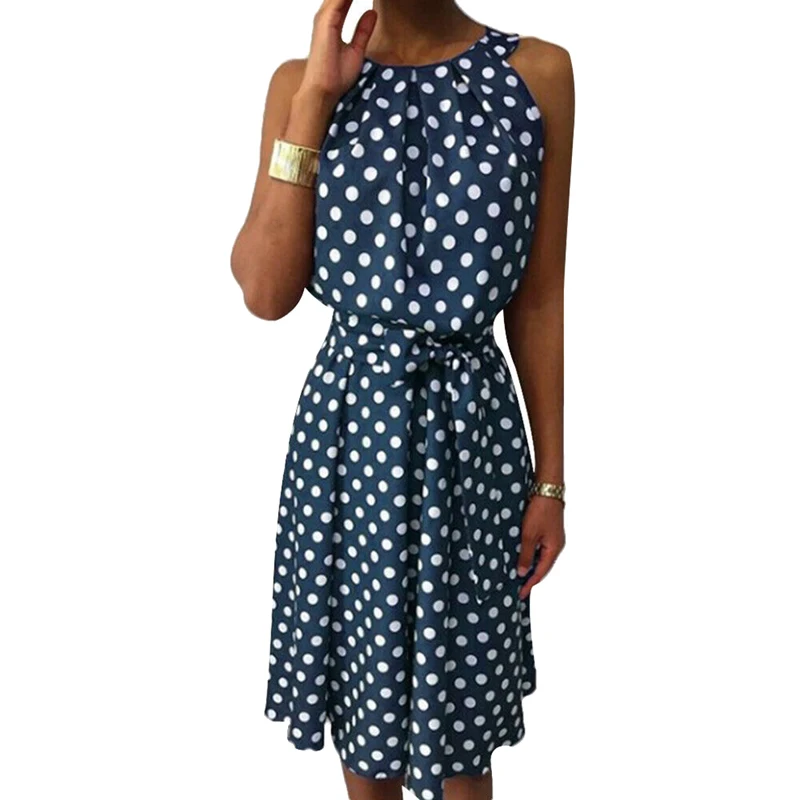Women Polka Dot Dress 2019 Elegant Women Summer Sundress Dresses Short Sleeve Belt Dresses Off Ladies Sleeveless Plus Size Dress