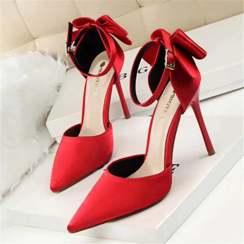 

New sweet beauty shoes stiletto high heel shallow mouth pointed satin hollow rear bow with a high heel women's sandals 34-43