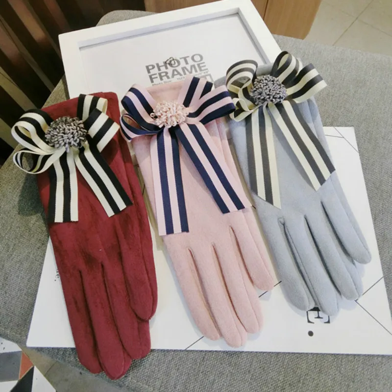 

New Korean touch screen gloves wool bow warm knitted women spring winter flower gloves thick red pink gray mittens