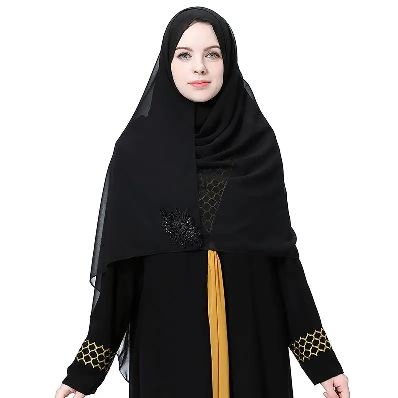 Абайя Дубай Саудовская Аравия мусульманский цельный хиджаб с жемчугом Кепка шарф женский Chifon Foulard ислам бандо Femme Adulte Turbante Mujer - Цвет: Black