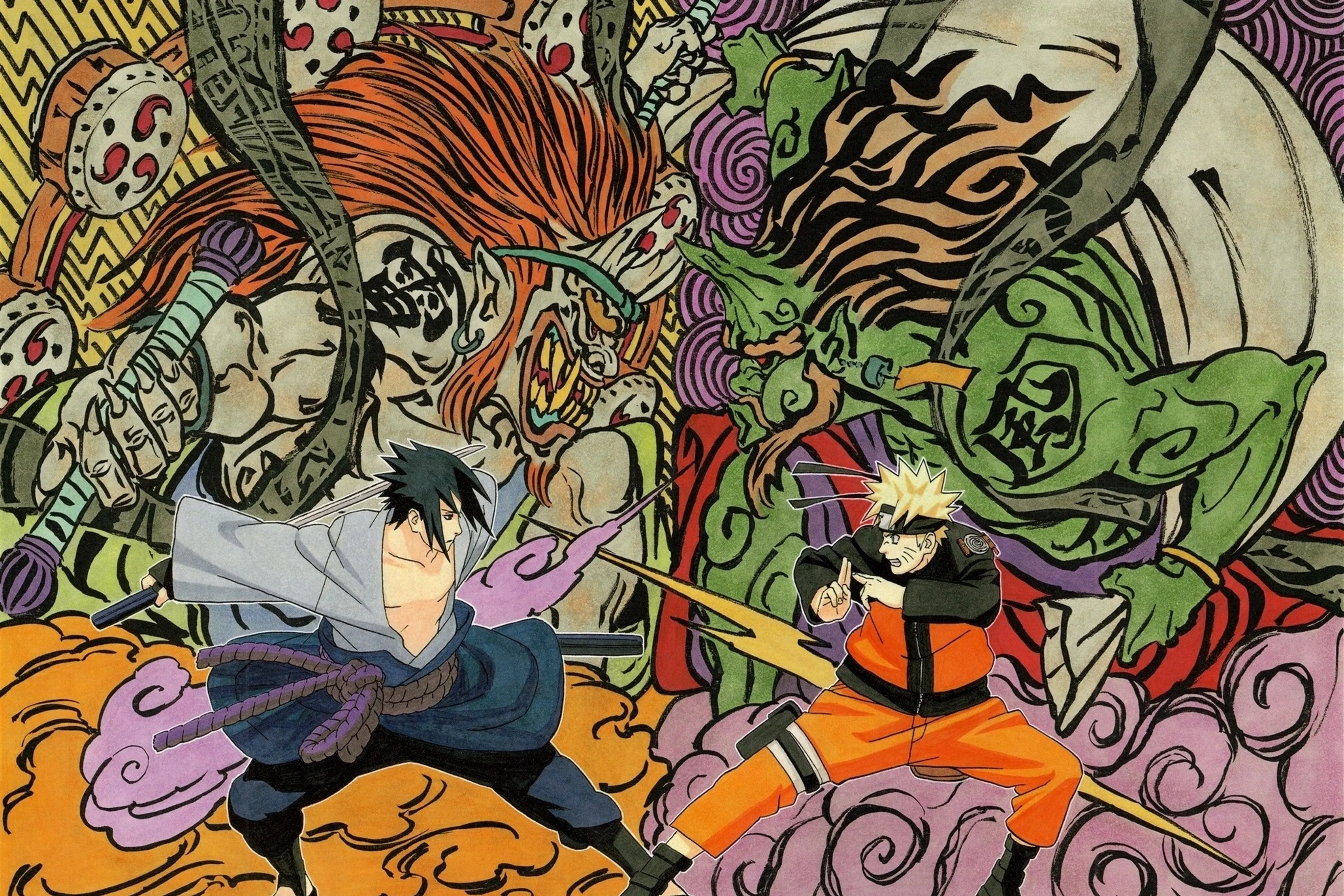 Naruto vs Sasuke art battle weapons Living room home art decor wood