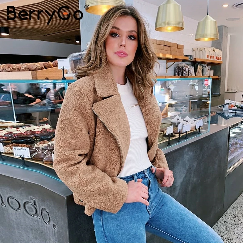 

BerryGo Casual Lambs fur winter jacket women coat Warm furry turn down collar female autumn jackets Trendy zippr ladies overcoat