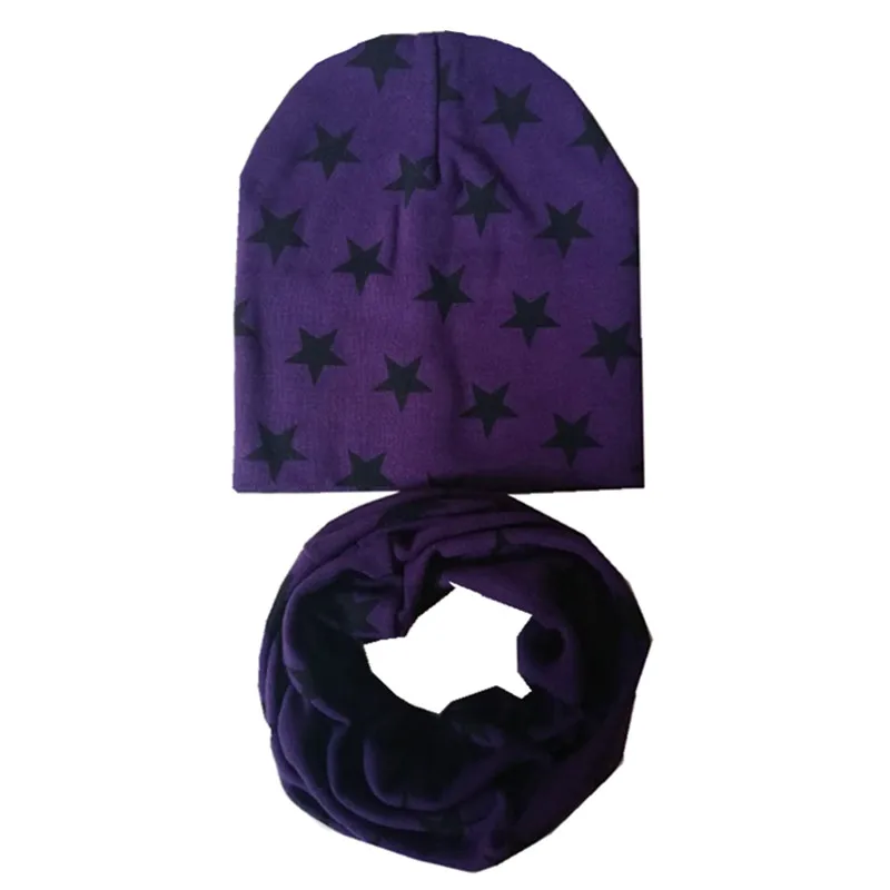 Зимний детский комплект с шапочкой, красивый детский головной убор со звездой, весенний теплый для шеи воротник, детские вязаные шапки, комплекты, хлопковая детская шляпа, шарф, комплект - Цвет: purple star