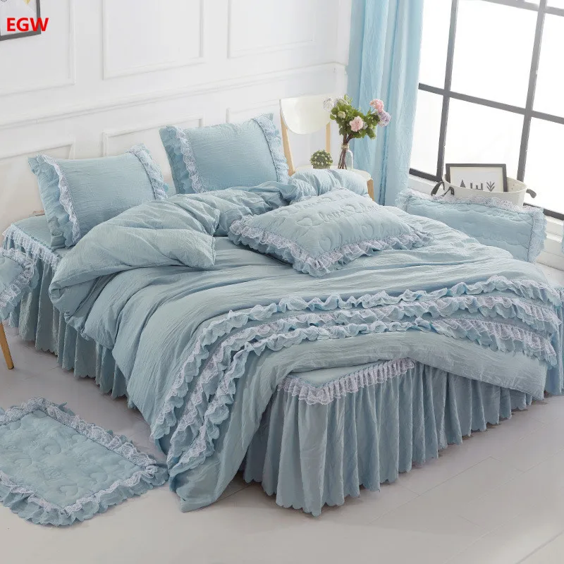 Korean bedding set blue bed skirt set 100washed cotton duvet cover