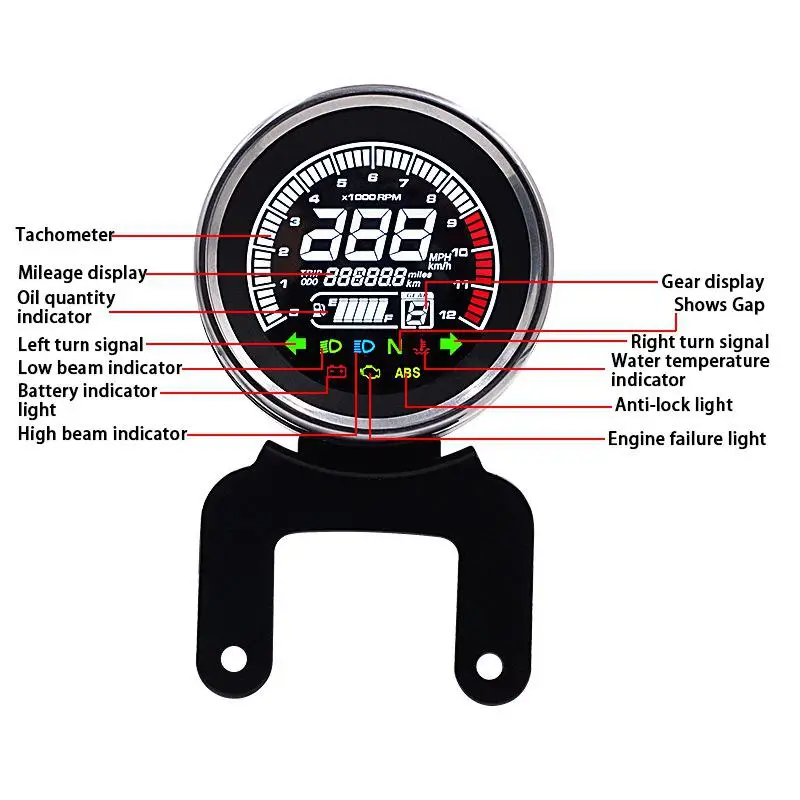 Multifunction Motorcycle Tachometer Meter LED Backlight LCD Motorcycle Speedometer Digital Level Gauge