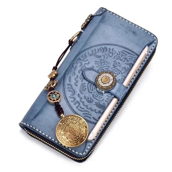 

Embossed Eight Diagrams Designer Genuine Tanned Leather Men's Long Card Wallet Male Large Phone Holder Clutch Purse with Pendant