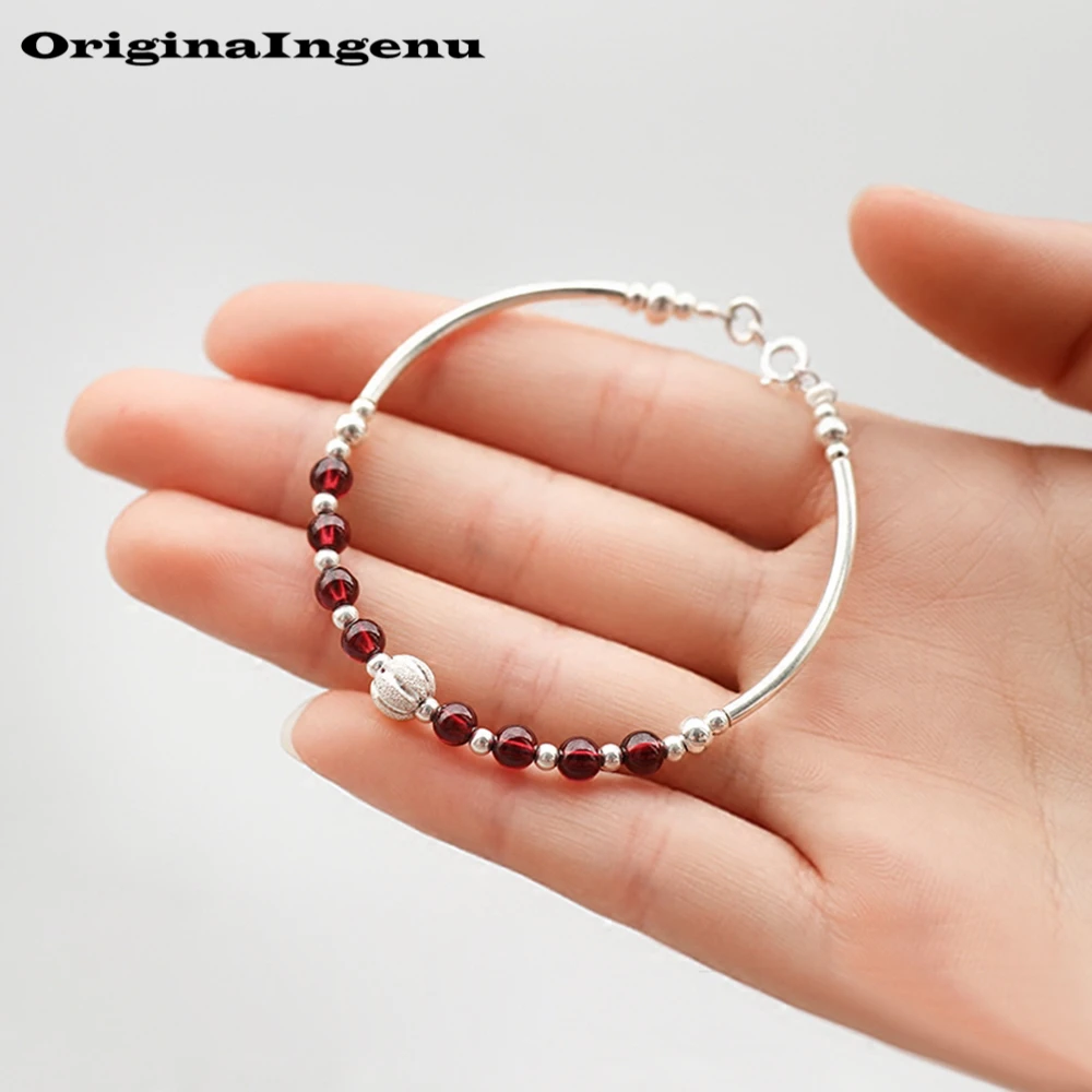 

925 Sterling Silver Jewelry Boho Garnet Bangle Simple Charms Vintage Birthday Gift Original Indian Jewelry Bracelets for Women