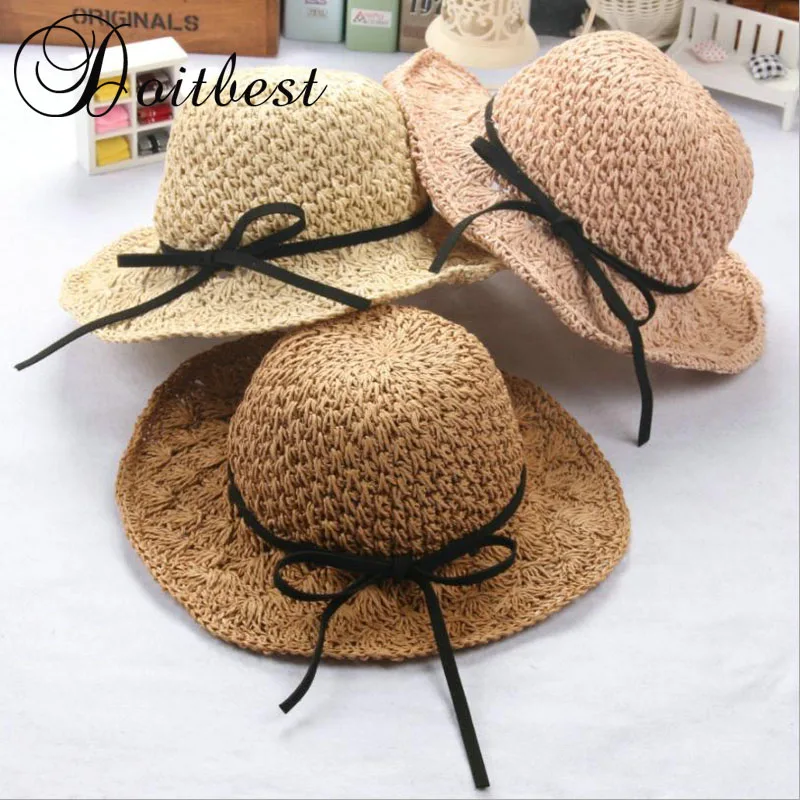 

2018 Summer Children flower Simple Handmade hat crochet hollow large brimm straw hat boys girls Beach Hats Parent-child sun hat