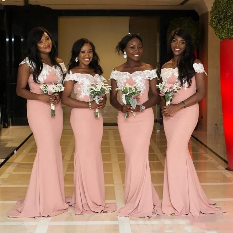 Nigerian African Arabic Off The Shoulder Mermaid Lace Bridesmaid Dresses Long Satin Appliques Prom Dresses Party Gown