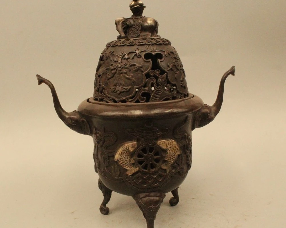 

11" Chinese Dynasty Folk Bronze Silver 3 Foot Elephant Statue Incense Burner Cen
