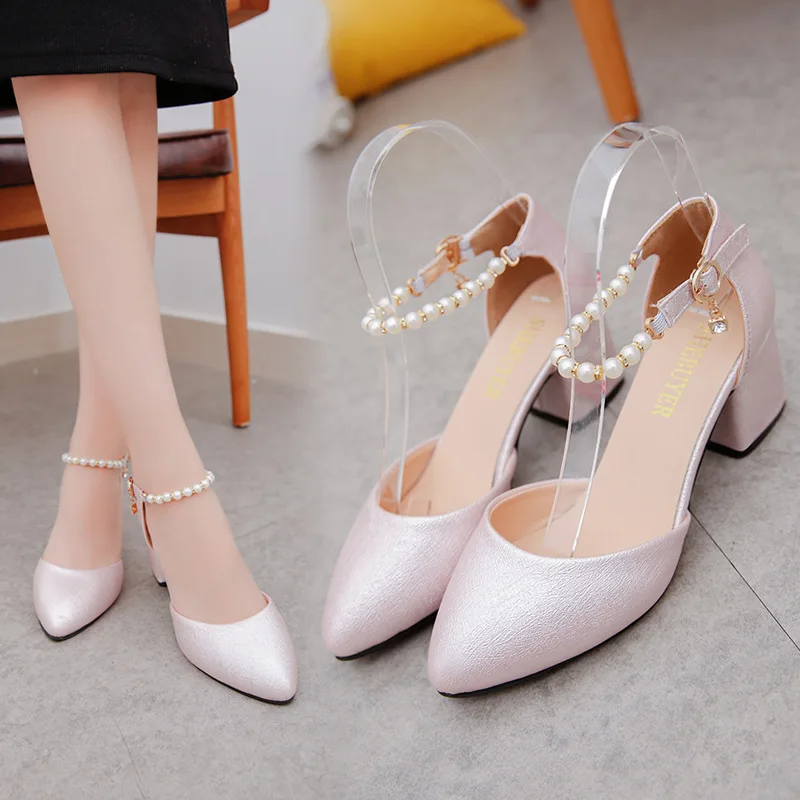 

Coarse-heeled sandals for women with high-heeled pearls sandalen dames