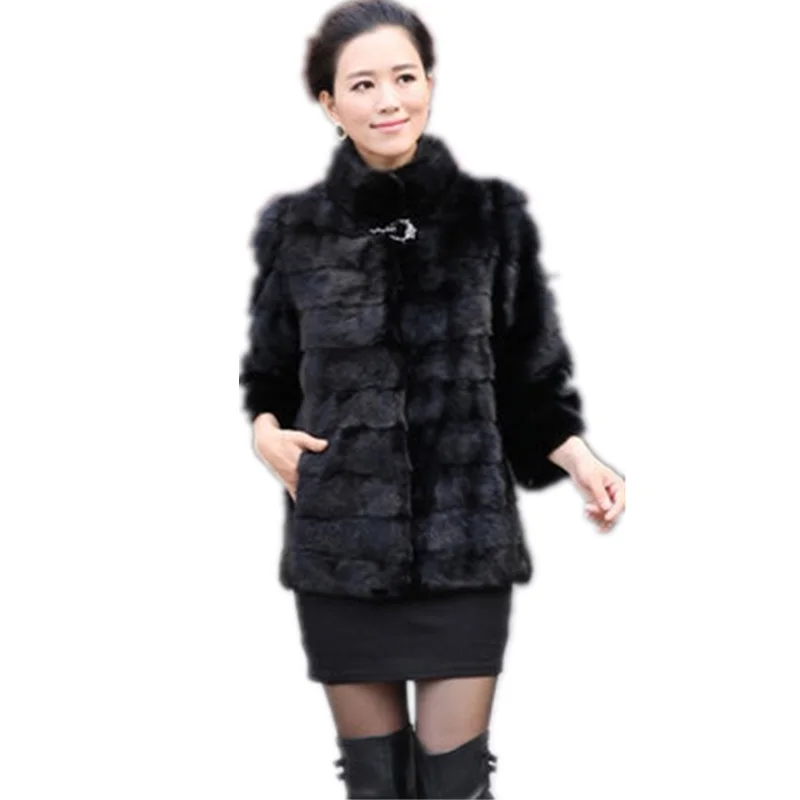 Rhinestone Button Fashion Long Mink Fur Coat 2020 Artificial Stand