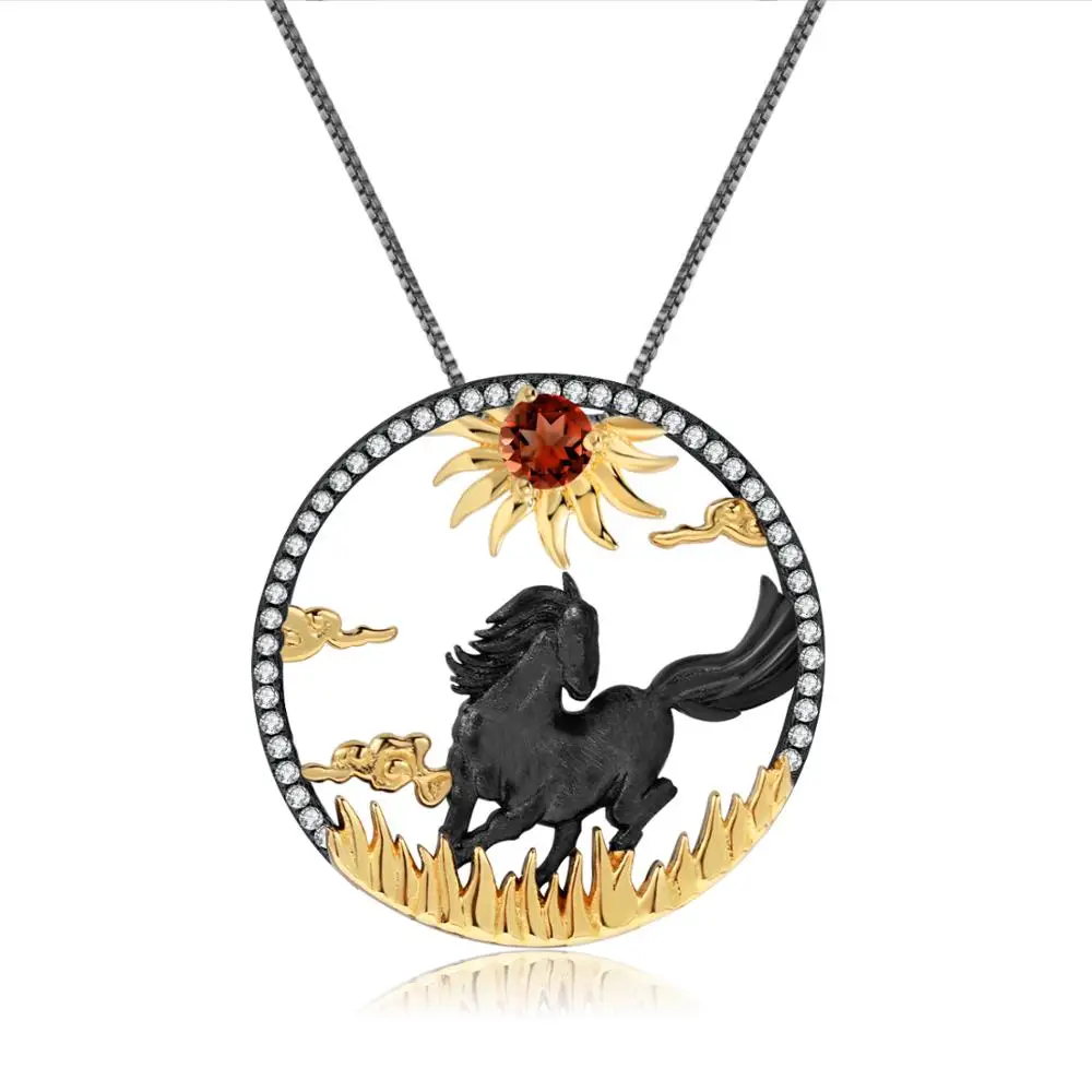 

GEM'S BALLET 925 Sterling Silver Natural Red Garnet Gemstone Handmade Sun & Horse Pendant Necklace For Women Zodiac Jewelry