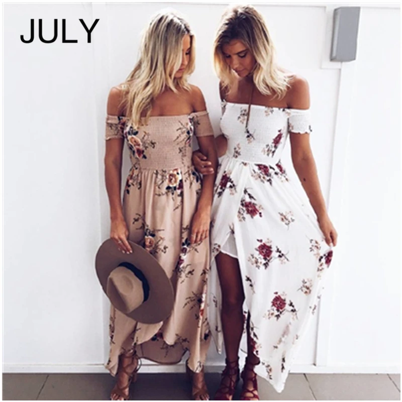 

JULY Summer Dress Women Long Dress Off Shoulder Beach Dress Floral Boho Vintage Chiffon Maxi Dress Large size Vestidos De Festa