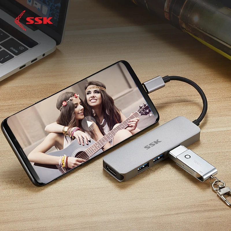 SSK 3 порта USB 3,0 Тип C usb-хаб адаптер док-станция алюминиевый тип-c HDMI интерфейс Поддержка 4K Ультра четкое изображение SHU-C545