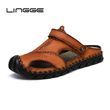 LINGGE/модная пляжная обувь из воловьей кожи г. мужские трендовые повседневные Нескользящие сандалии мужские сандалии для отдыха Тапочки обувь