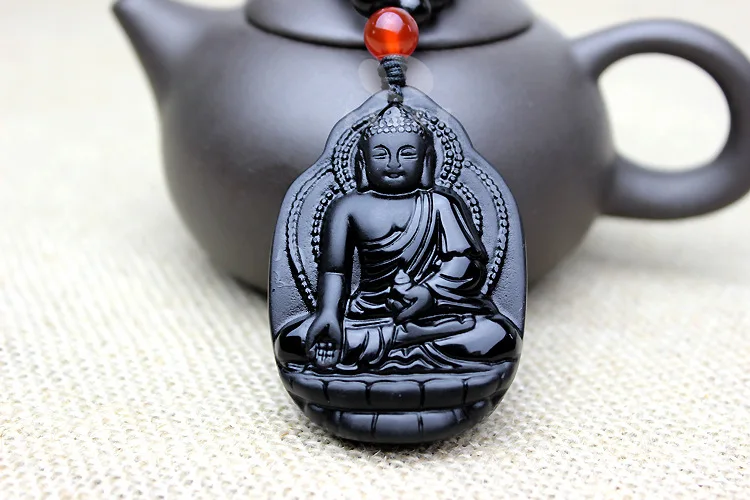 Natural Black Obsidian Shakyamuni Gautama Buddha Carved Lucky Amulet polish pendant Necklace