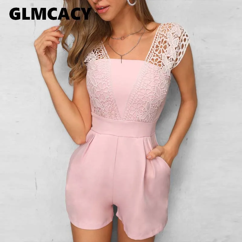 

Women Lace Insert V Neck Rompers Sexy Low Cut Bodycon Summer Beach Playsuits Female Hollow Out Lace Overalls