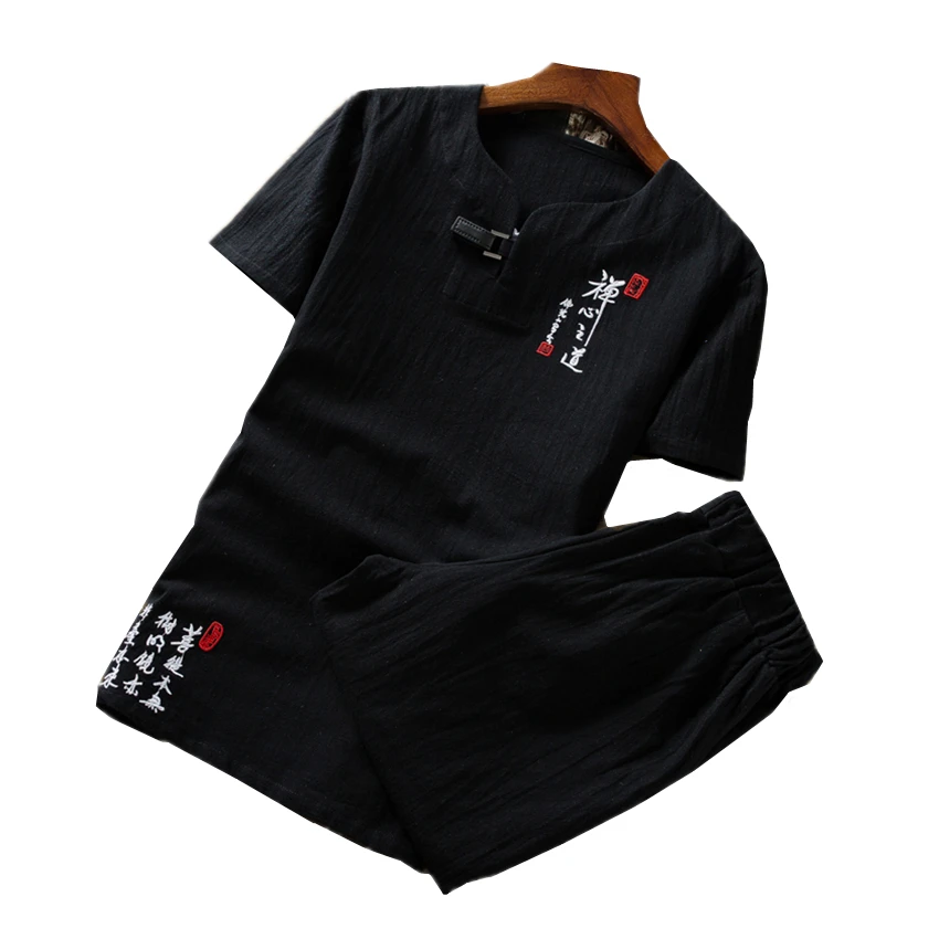  Summer Pure Color Chinese Style Retro Embroidery Men's Short-sleeved Suit 2 Pieces Sets Large Size 