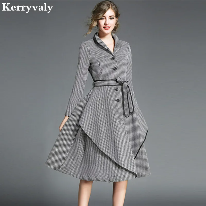 

Elegant Long-sleeved Houndstooth Offce Dress Winter Dresses Women 2019 Ukraine Thick Midi Skater Dress Kerst Jurk Robe HiverK175