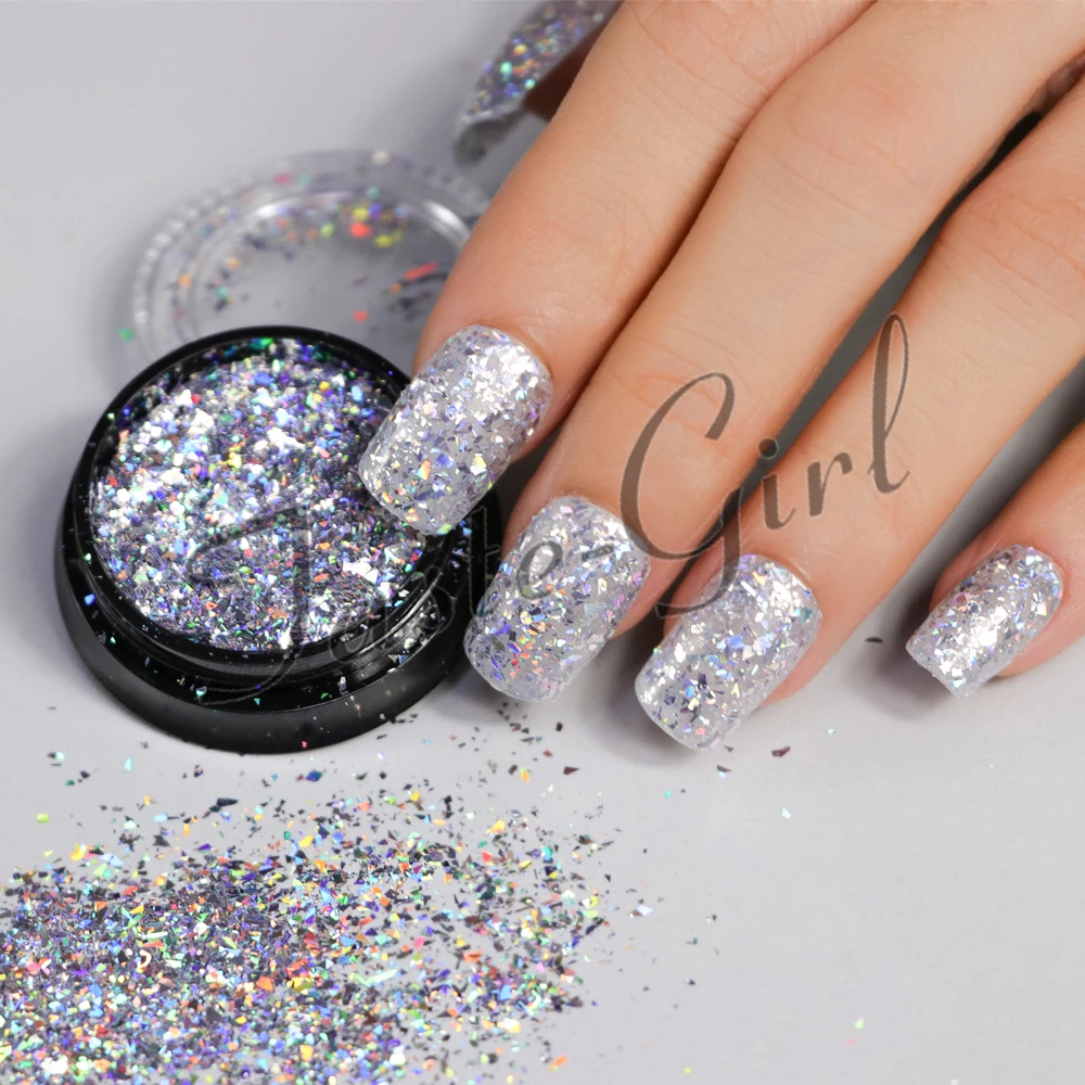 Nail Glitter Nail Decoration Nail Decorations Nail Flakes 1 pot Holo Nail Flakies Sequins 0.5g Laser silver Holographic Powder Irregular Paillette DIY Nail Art Decoration Supplies tool
