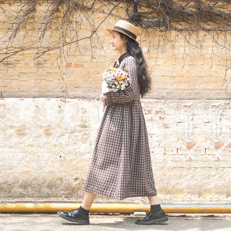 

2019 New Spring Bow Neck Long Sleeve Solid Grey Chiffon Plaid Long Loose Big Size Dress Women Fashion Tide Girls Kawaii Dress